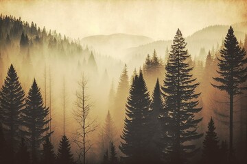 Wall Mural - dense pine forest with towering trees and sunlight filtering through the branches. Generative AI