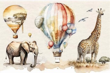 Canvas Print - colorful hot air balloon flying over the savannah, with a giraffe and an elephant in the foreground. Generative AI