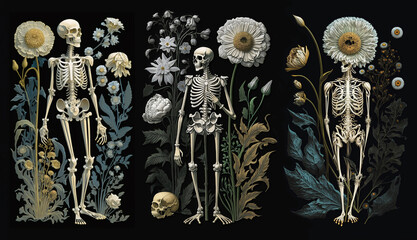 Vintage bohemian skeleton in flowers on black background. Floral magic boho set illustrations for day of the death or halloween. Generative AI