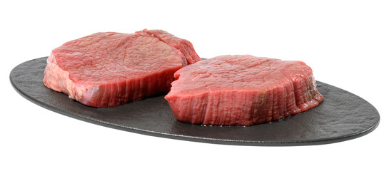 Wall Mural - Two round raw beef steak on a black oval cutting board, white isolated background