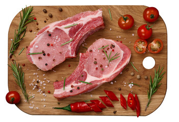 Raw pork tenderloin on the bone and spices on a wooden cutting board. Portion for lunch and dinner, top view