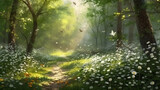 Fototapeta Desenie - Beautiful summer landscape with sunbeams and white daisies.generative ai