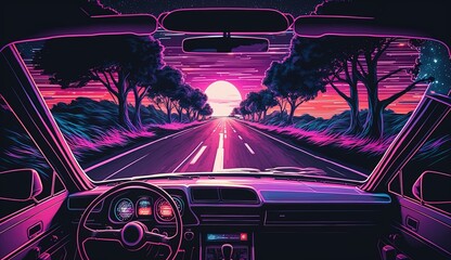 Car interior illustration on city highway with purple colors in synthwave and Vaporwave style, Generative AI