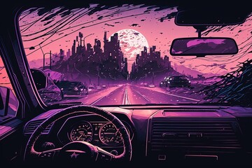 Car interior illustration on city highway with purple colors in synthwave and Vaporwave style, Generative AI