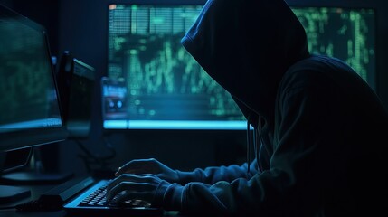 Hooded Figure, Glowing Keyboard, Hacker, Mysterious Cybersecurity Generative AI