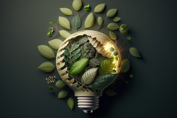 Wall Mural - Eco friendly lightbulb from fresh leaves , created with Generative AI technology