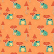 Żaby i muchomory. Zabawny powtarzalny wzór w małe zielone ropuchy i grzyby. Pomarańczowe tło. Ilustracja wektorowa.
