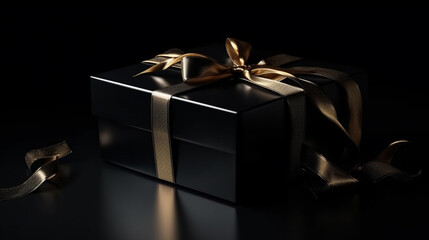 Wall Mural - Black gift box with gold ribbon bow on black background.generative ai