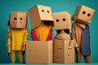 Group studio portrait of people with cardboard boxes instead of head, created with Generative AI technology