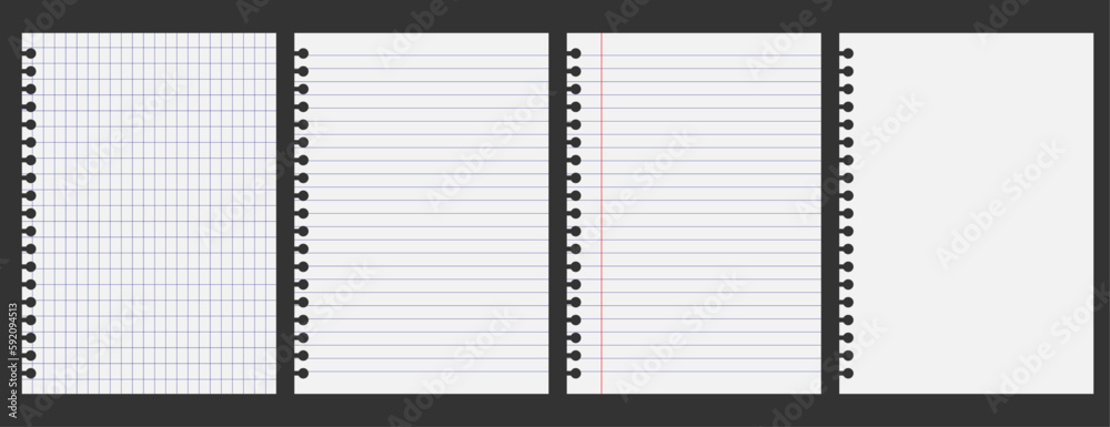  Set realistc notebook sheets, squared paper and paper with lines
