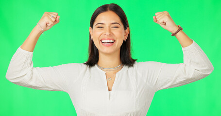 Canvas Print - Strong, green screen and happy woman isolated on studio background for gender equality fight, power and strength. Empowerment, feminism and face of young person face winning and celebration fist pump