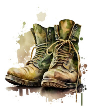 Pair Of Veteran Boots Isolated, Watercolor, Ai Art