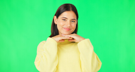 Canvas Print - Green screen, funny face expression and happy woman posing with tongue out, peace sign and carefree personality. Portrait, female model and smile in studio with emoji reactions, meme and happiness