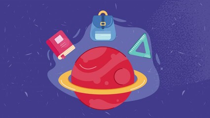 Sticker - saturn planet with school supplies animation