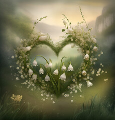 Wall Mural - Generative AI: Green grass with spring summer flowers in heart shape
