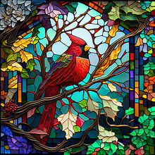 Stained Glass Cardinal Bird, Red Christmas Bird With Flowers, Generated By AI