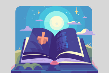 Wall Mural - Blue bible with a cross night and clouds vector illustration
