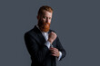 © be free - tuxedo fashion. handsome bearded gentleman in tuxedo isolated on grey background.