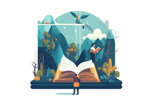 Open Large Bible Man Looking Over, Birds, Trees, Nature, Colorful Vector Illustration