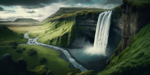 Wall Mural - View of a scenic waterfall set in lush green hills. Generative AI