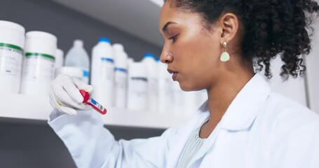 Poster - Scientist, woman and blood test tube in laboratory for research, testing or experiment. Doctor, science and person looking at medical sample or vial for dna analysis, examination or studying biology.