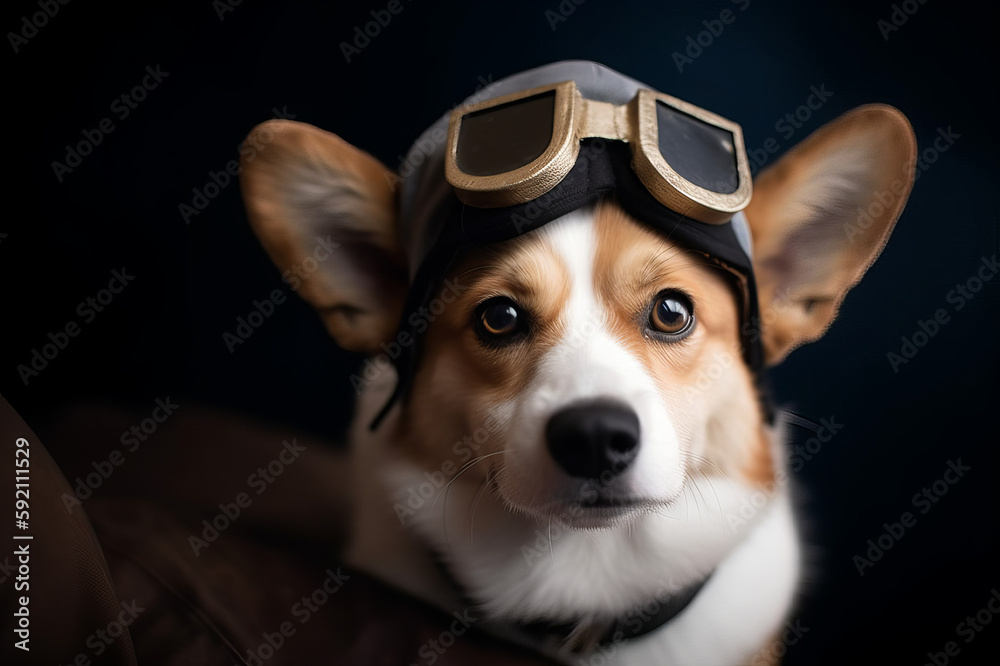 Welsh corgi Pembroke pilot dog in plane with aviation glasses