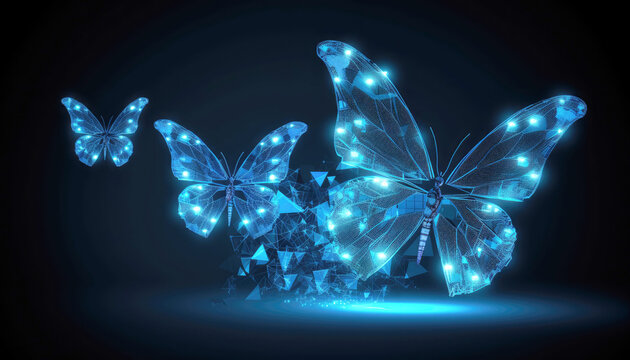 Beautiful glowing blue fractal butterflies abstract on black background. Business transformation innovation and disruption concept. Generative AI