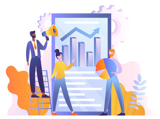Poster - Concept of rating. Man and women near graph and diagram. Analysts conduct marketing research. Working with statistics and data visualization. People building business. Cartoon flat vector illustration