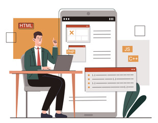Poster - Manual coding concept. Man with laptop develops mobile application or program, software for computer. Programmer and IT specialist in workplace, testing code. Cartoon flat vector illustration