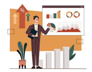 Poster - progress review concept. man on background of graphs and diagrams. young guy with presentation. data