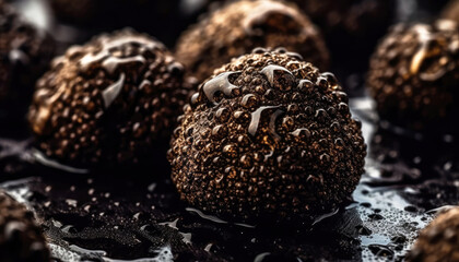 Sticker - Close up of clean Black Truffle with water drop in dark black background. Fresh fruit and Vegetable concept. Nutrition and vitamin theme. Generative AI