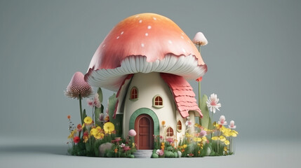Wall Mural - Fairy mushroom house 3D illustration. Flower and mushroom fantasy homes for gnomes. Fairytale