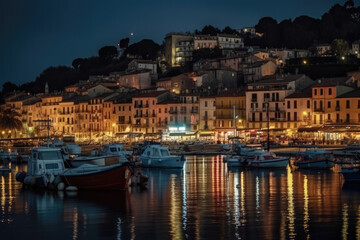 Mystic landscape of the harbor with colorful houses and the boats in Porto Venero, Italy, Liguria in the evening in the light of lanterns created with Generative AI technology