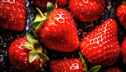 Sticker - Close up of clean red Strawberries with water drop in dark black background. Fresh fruit and Vegetable concept. Nutrition and vitamin theme. Generative AI