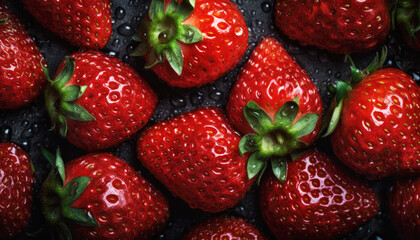 Wall Mural - Close up of clean red Strawberries with water drop in dark black background. Fresh fruit and Vegetable concept. Nutrition and vitamin theme. Generative AI