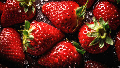 Wall Mural - Close up of clean red Strawberries with water drop in dark black background. Fresh fruit and Vegetable concept. Nutrition and vitamin theme. Generative AI