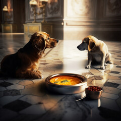 Wall Mural - dog sitting on the floor with food