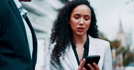 Aufkleber - Phone, talking and collaboration with business people in the city on their morning commute into work. Teamwork, mobile or contact with a female employee chatting to a male colleague in an urban town