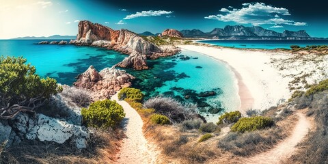 Canvas Print - North Sardinia's Li feruli beach in Italy's setting Generative AI