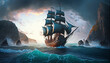 illustration of a classic pirate ship sailing the ocean in the late afternoon, generative ai