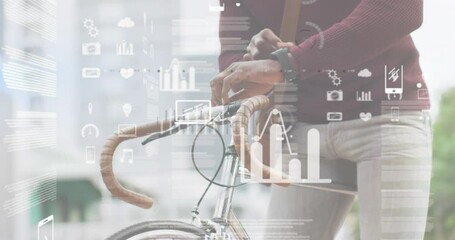 Poster - Animation of data processing over mid section of a man with bicycle using smartwatch on the street