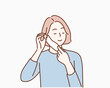 © autumnn - Young woman showing how to wear a medical mask step by step. Hand drawn style vector design illustrations.