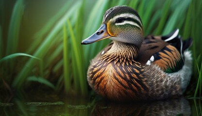 Wall Mural - Shot taken vertically of a mallard in vegetation by the river. Generative AI