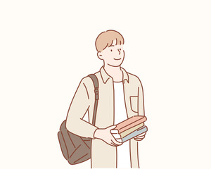 Wall Mural - Portrait of smiling young college student with books and backpack. Hand drawn style vector design illustrations.