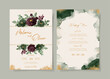 Watercolor wedding invitation card template with emerald green and burgundy flower