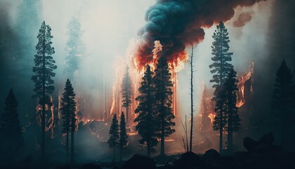 Fototapete - Smoke-filled woodland seen from above; trees are on fire in this vertical image. Generative AI