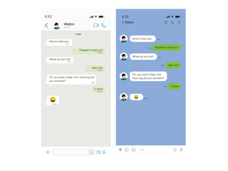 Poster - Vector chatting screen in mobile communication illustration. Chat app template. Modern realistic white and black smartphone. Social network concept. Vector.