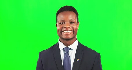 Poster - Black man in business, face and smile on green screen with professional mindset, CEO and mockup space. Corporate male, happy in portrait with success and executive in headshot on studio background