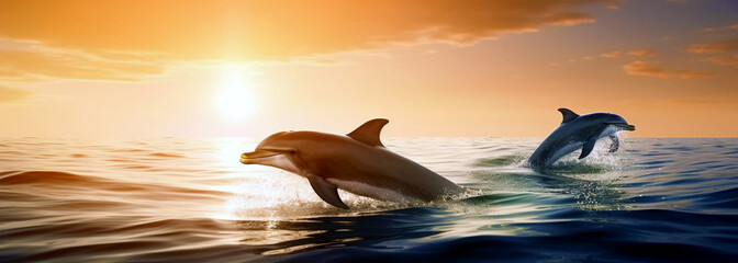 two dolphins jump out of the water at sunset, romanticism, beautiful composition, shiny gold, surfing. Generative Ai