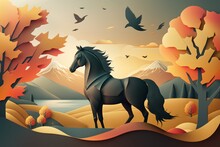 3D Mural Wallpaper Suitable For Frame Canvas Print . Horse And Golden Trees With Colored Mountains . Golden Sun And Birds With Modern Background, Generative AI